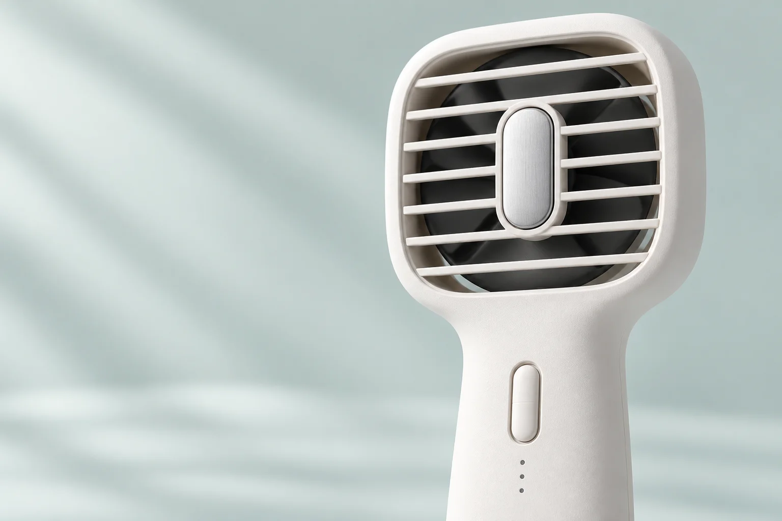 AERU PEBBLE의 둥근 사각 헤드, 가로 그릴과 세로형 메탈 패드를 보여주는 AI 디자인 이미지