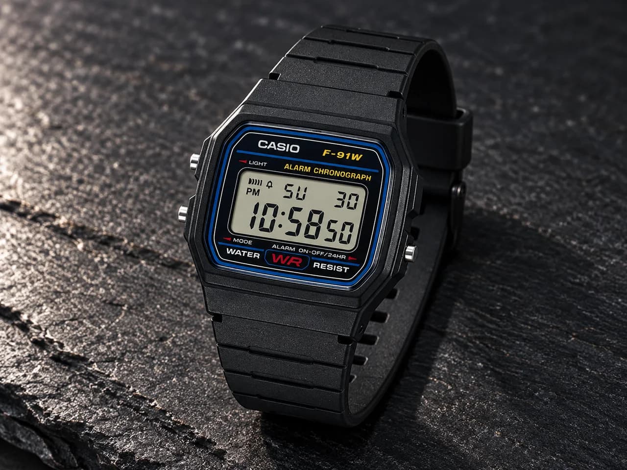 측광을 받으며 어두운 슬레이트 위에 놓인 블랙 레진 CASIO F-91W-1 디지털 워치