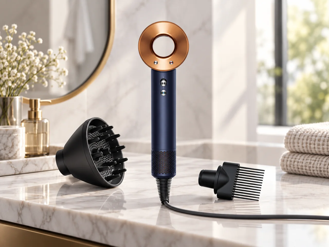 대리석 세면대 위에 서 있는 프러시안 블루·리치 코퍼 Dyson Supersonic™ 헤어드라이어와 디퓨저, 넓은 빗살 콤 툴