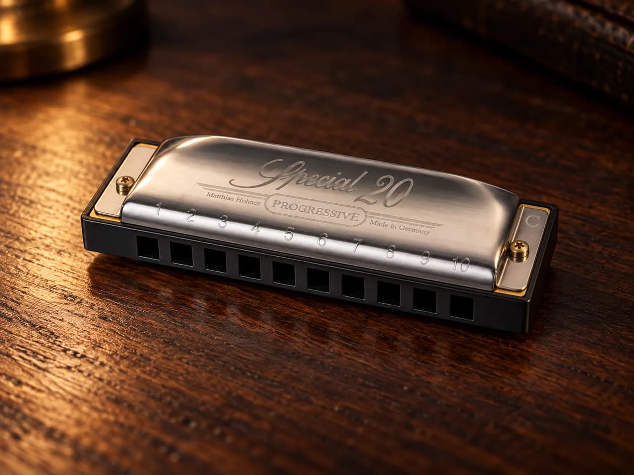 따뜻한 조명 아래 호두나무 위에 놓인 Hohner Special 20 다이어토닉 하모니카