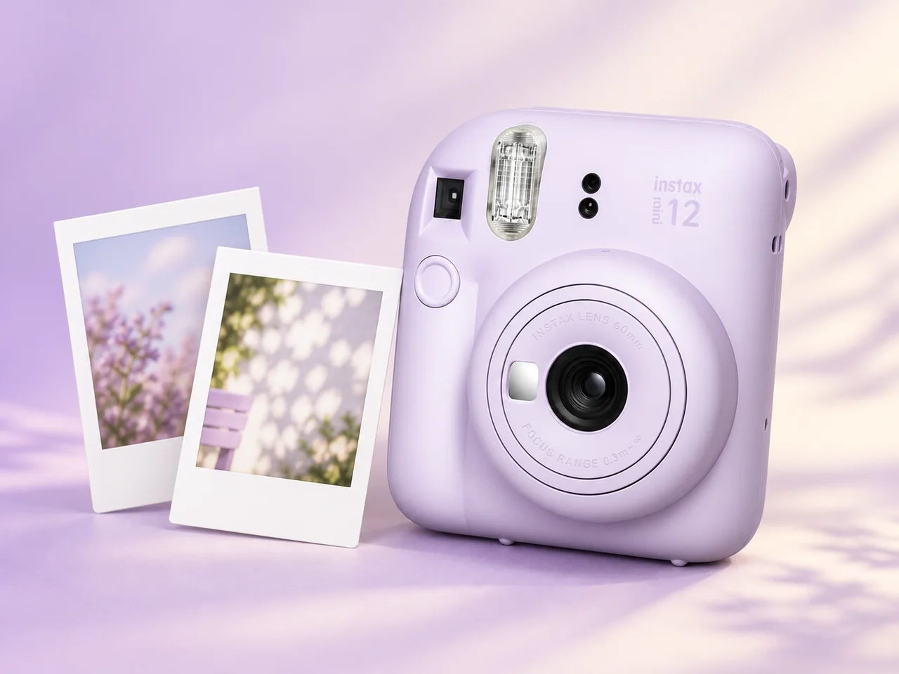 라일락 빛 배경 위에 인화지 두 장과 함께 놓인 라일락 퍼플 instax mini 12 즉석카메라