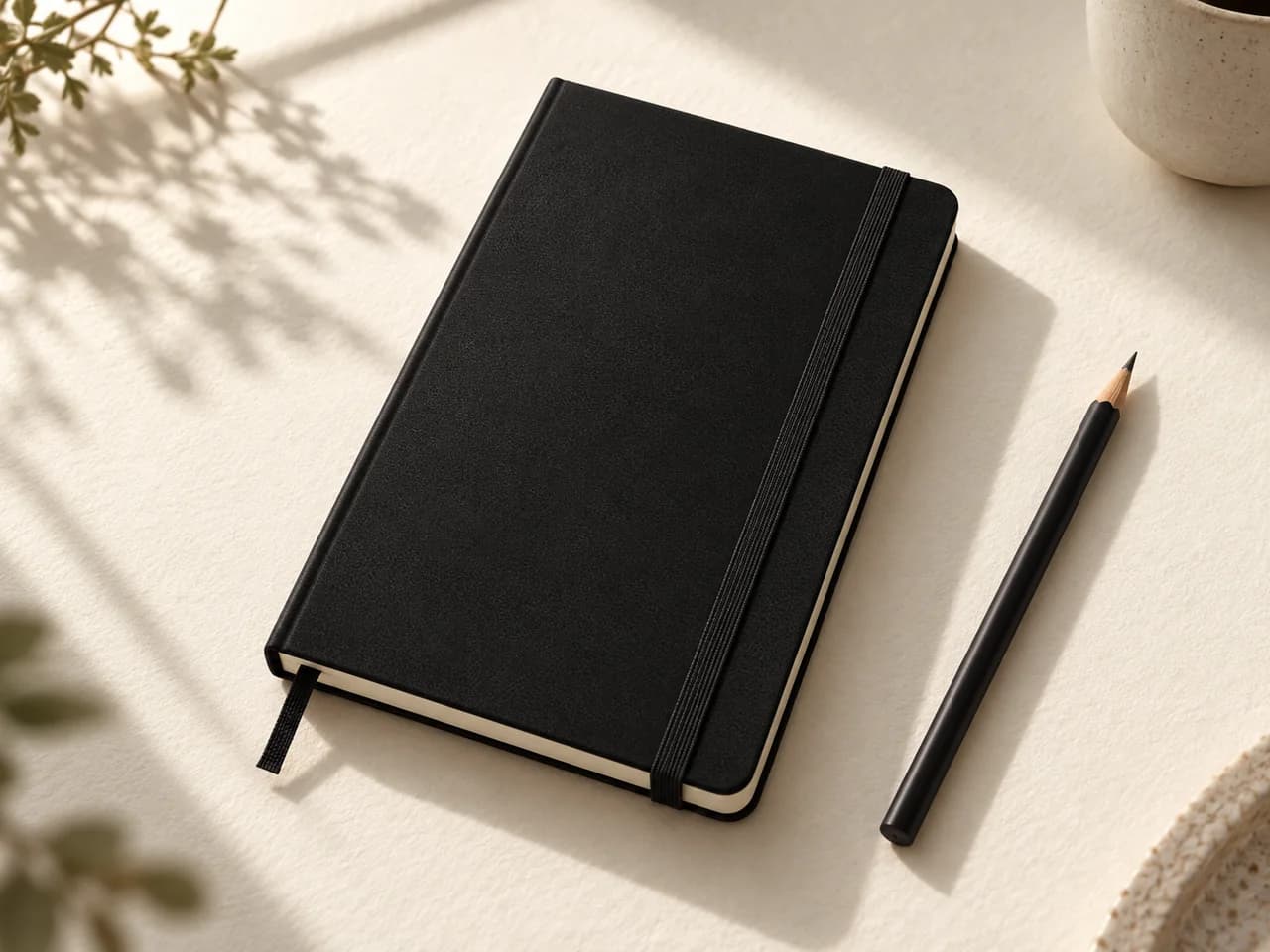 아침 햇살과 나뭇잎 그림자 위에 놓인 블랙 하드커버 Moleskine Classic Notebook과 연필