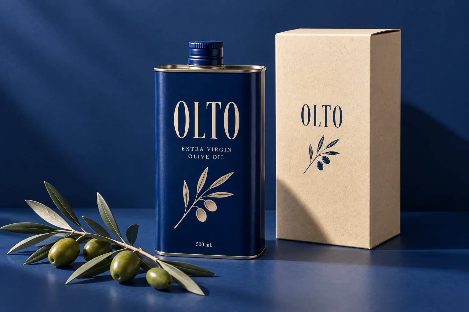 코발트 배경 위 OLTO 오일 틴과 크림색 종이 패키지 디자인