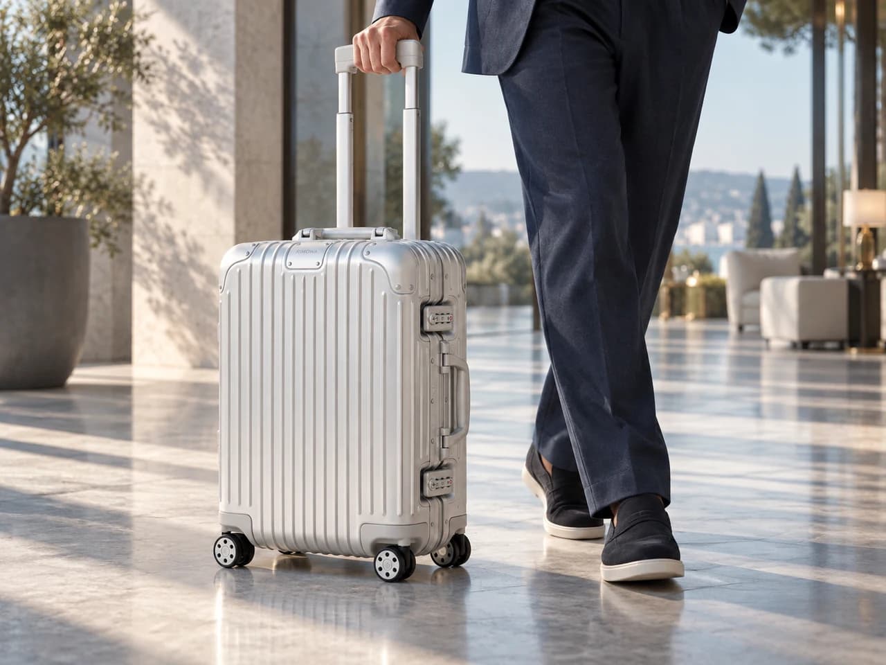 실버 RIMOWA Original Cabin 캐리어와 여행자의 도시 이동 장면