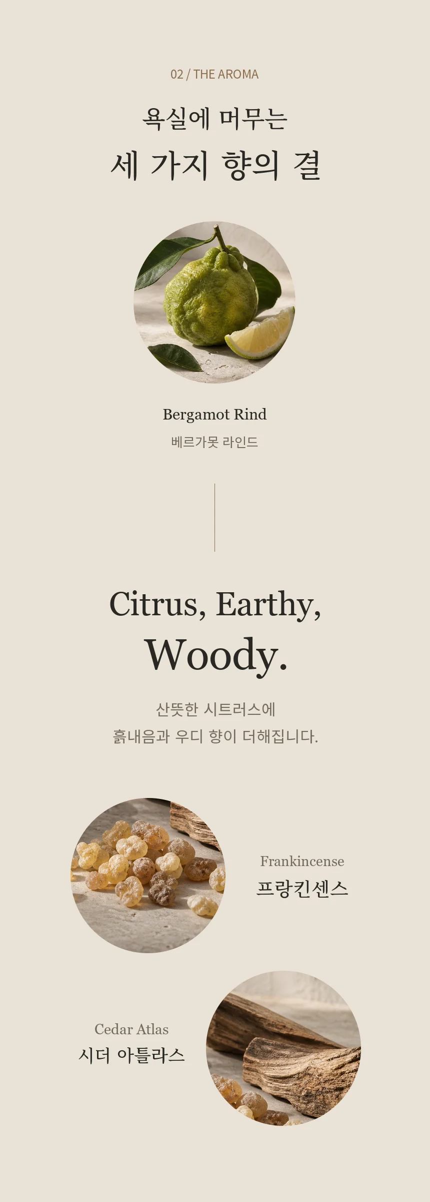 욕실에 머무는 세 가지 향의 결. 베르가못 라인드, 프랑킨센스, 시더 아틀라스가 전하는 시트러스, 흙내음, 우디 향.