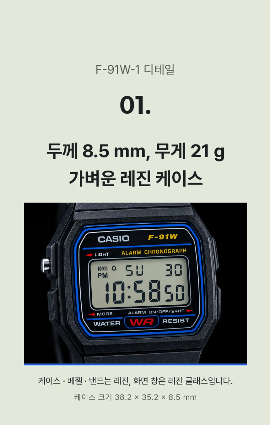두께 8.5 mm, 무게 21 g의 레진 케이스와 레진 글래스 화면을 담은 F-91W 페이스 근접 사진.