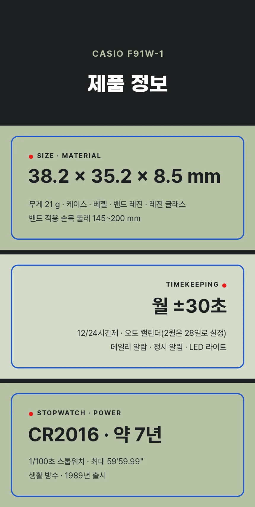 케이스 38.2 × 35.2 × 8.5 mm, 월 ±30초, 12/24시간제와 오토 캘린더, CR2016 배터리 약 7년 등 제품 사양.