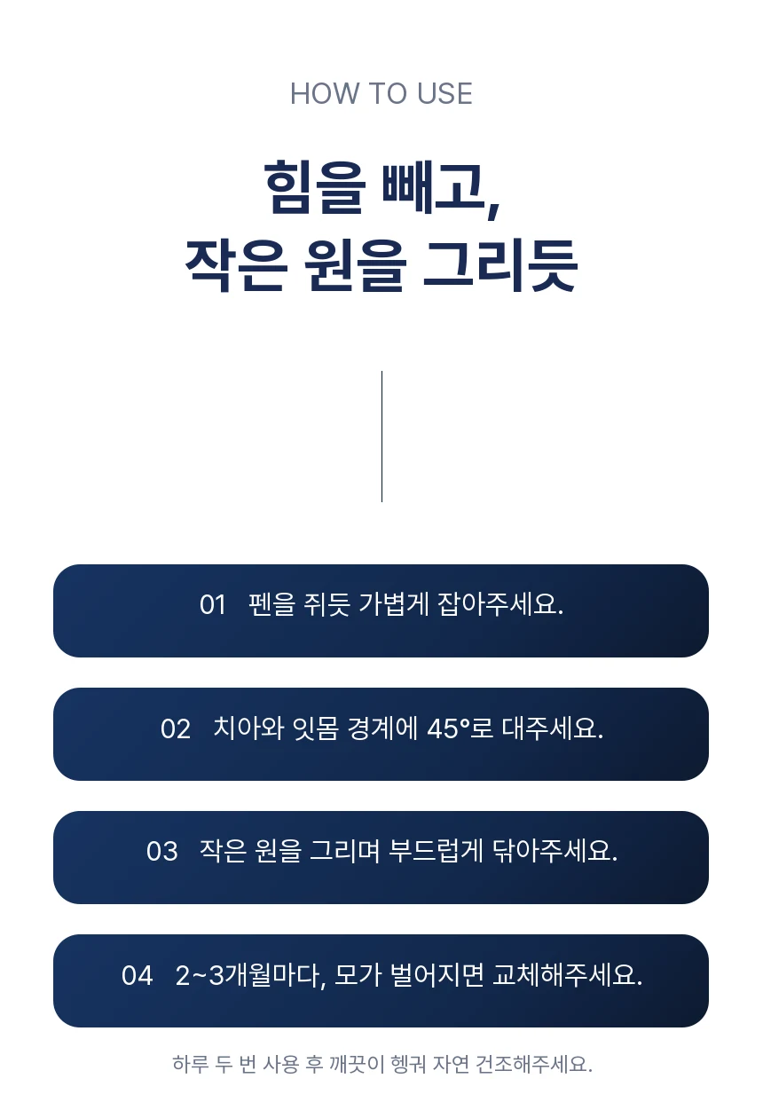 힘을 빼고, 작은 원을 그리듯. 펜을 쥐듯 가볍게 잡고 잇몸 경계에 45°로 대어 작은 원을 그리며 닦고, 2~3개월마다 또는 모가 벌어지면 교체합니다. 사용 후 헹궈 자연 건조합니다.