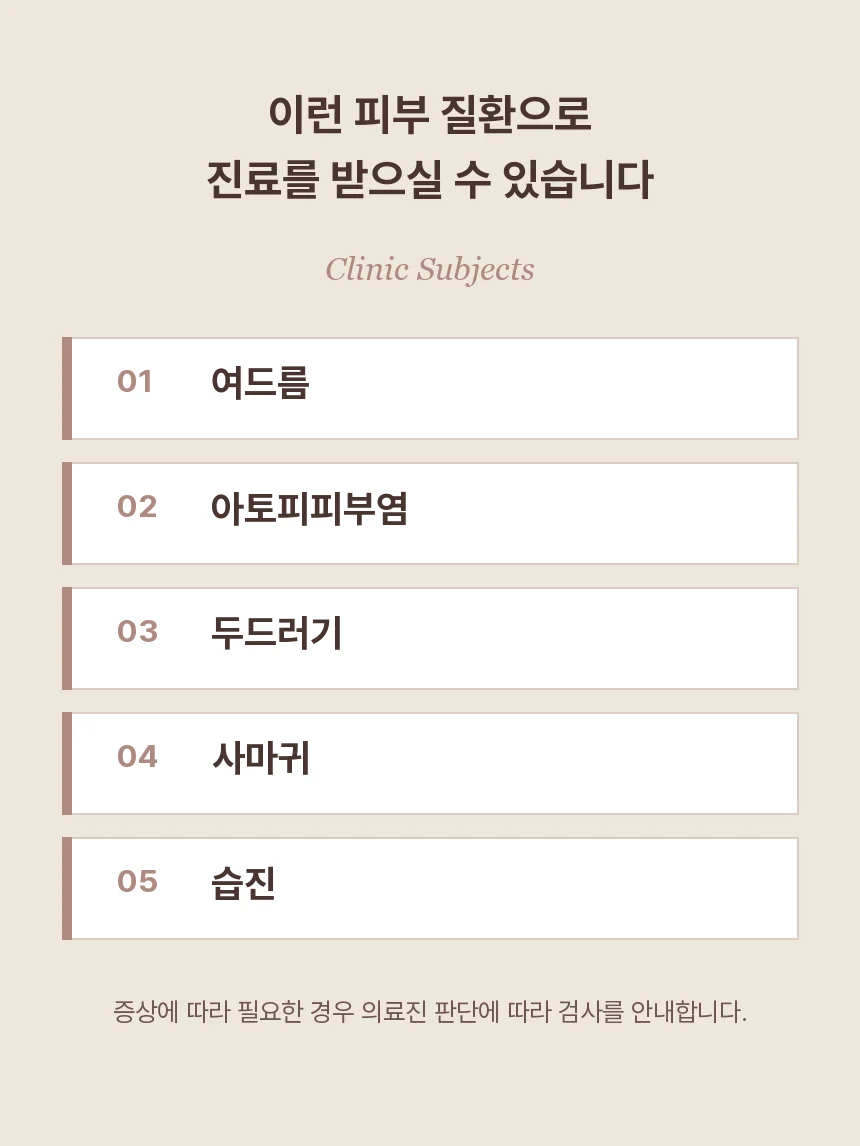 여드름, 아토피피부염, 두드러기, 사마귀, 습진 다섯 가지 진료 과목을 번호 카드로 정리하고 필요한 경우 의료진 판단에 따라 검사를 안내한다고 적었습니다.
