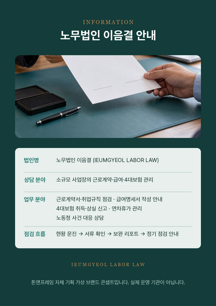서명란만 있는 서류를 건네는 손 사진과 법인명·상담 분야·업무 분야·점검 흐름 안내 표, 가상 브랜드 고지 문구