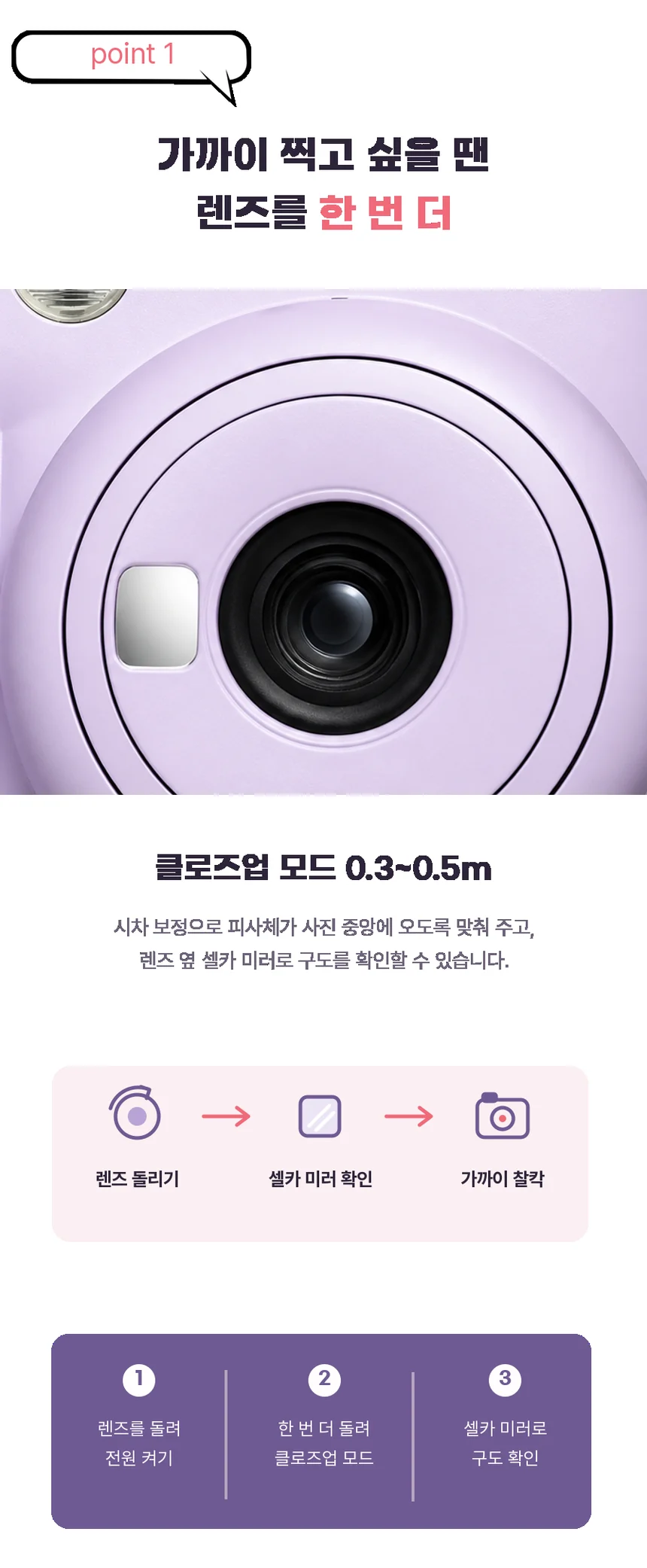 렌즈와 셀카 미러 근접 사진. 렌즈를 한 번 더 돌리면 0.3~0.5m 클로즈업 모드가 되고, 시차 보정으로 피사체가 사진 중앙에 오도록 맞춰 주는 3단계 안내.