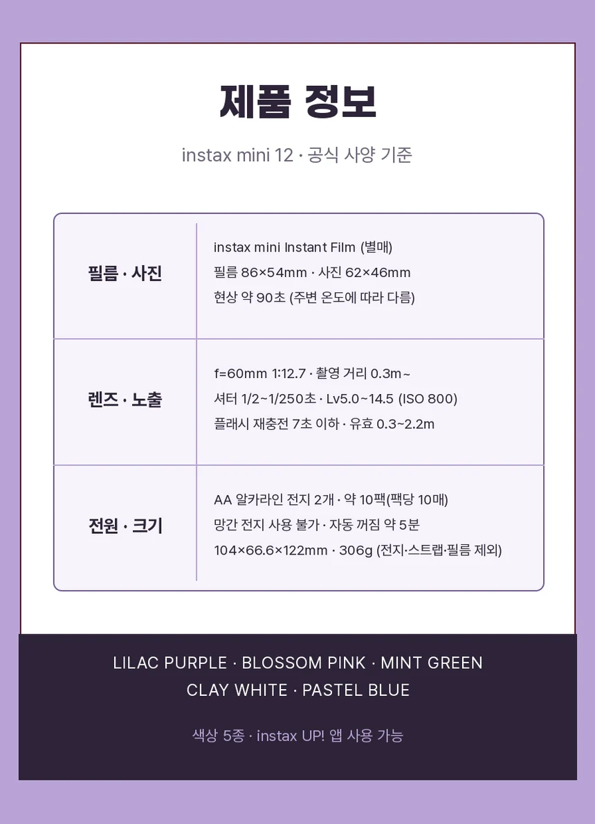 instax mini Instant Film(별매), 사진 62×46mm, f=60mm 렌즈, 셔터 1/2~1/250초, AA 알카라인 전지 2개로 약 10팩, 색상 5종 등 제품 사양표.