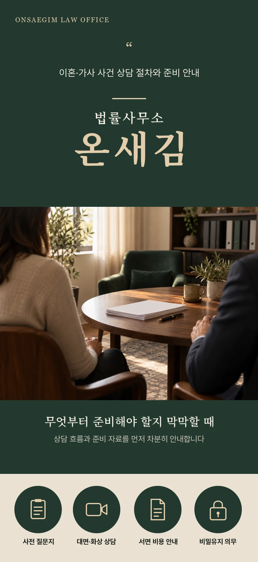 딥 그린 바탕에 법률사무소 온새김 워드마크와 원형 테이블이 놓인 상담실 사진, 사전 질문지·대면·화상 상담·서면 비용 안내·비밀유지 의무 네 가지 아이콘을 담은 첫 화면