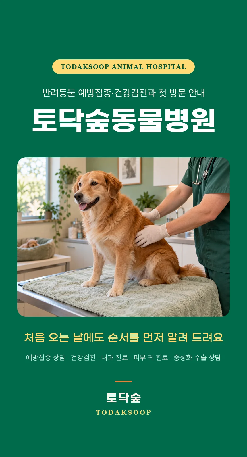 포레스트 그린 배경에 토닥숲동물병원 이름과 진료대 위에 앉은 개 사진, 예방접종 상담·건강검진·내과·피부·귀 진료·중성화 수술 상담 안내.