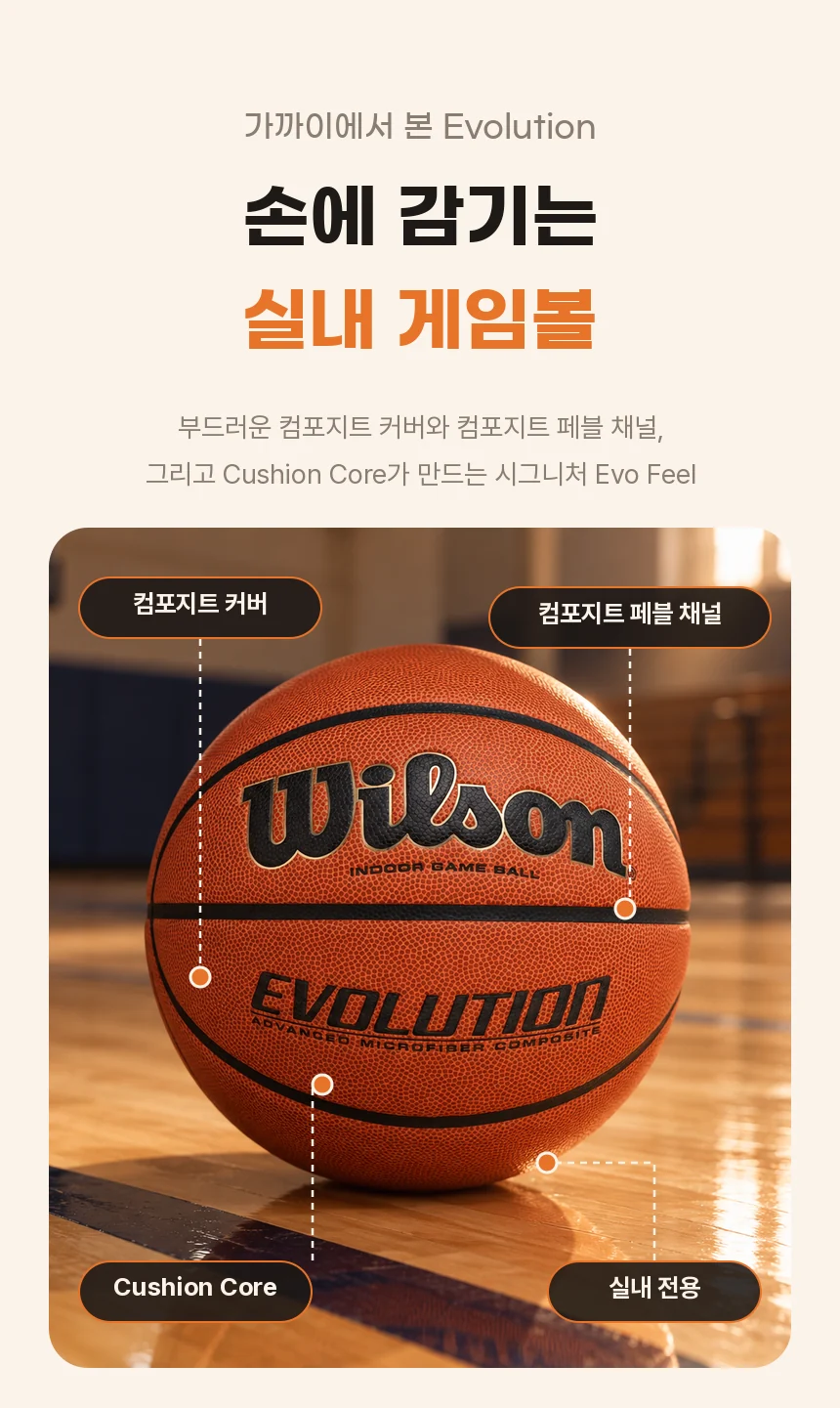 실내 코트 위 에볼루션 농구공에 컴포지트 커버, 컴포지트 페블 채널, Cushion Core, 실내 전용 설명선을 표시한 디테일 섹션
