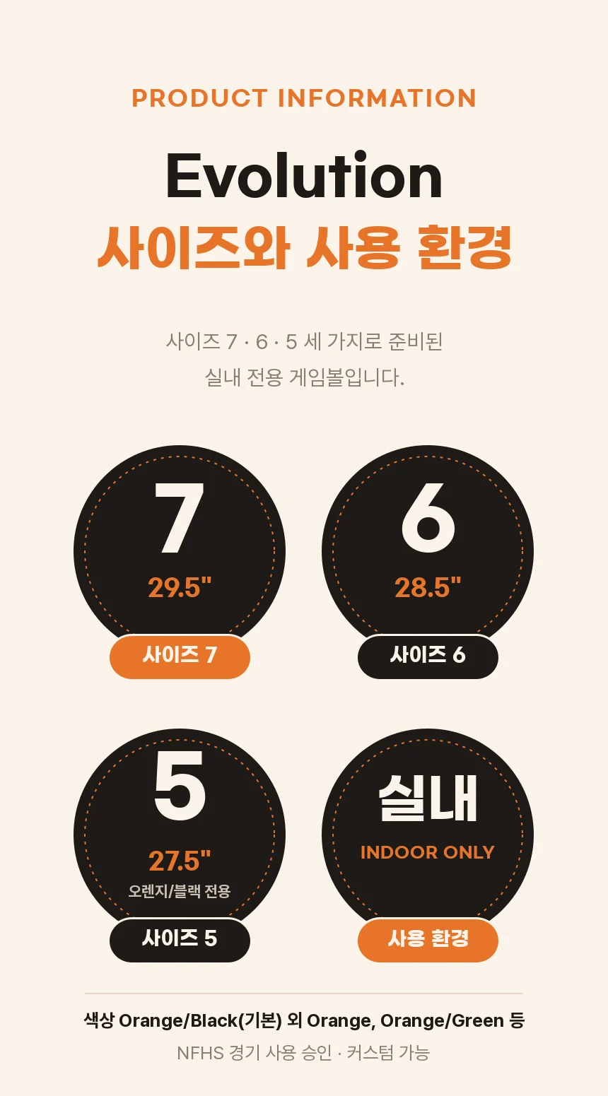 사이즈 7(29.5인치), 6(28.5인치), 5(27.5인치, 오렌지/블랙 전용)와 실내 전용, 색상 옵션을 정리한 제품 정보